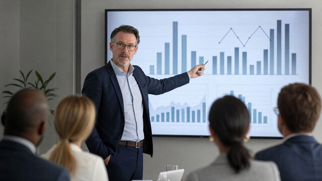 Confident businessman in glasses pointing at a presentation screen with financial bar charts during a corporate meeting