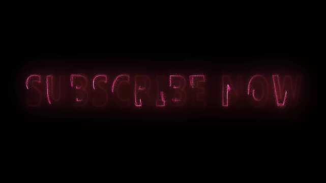 Glowing subscribe now neon text on black background. Marketing glowing subscribe now neon text for streaming channel branding. Modern glowing subscribe now neon text badge.