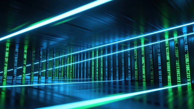Digital server room with glowing code