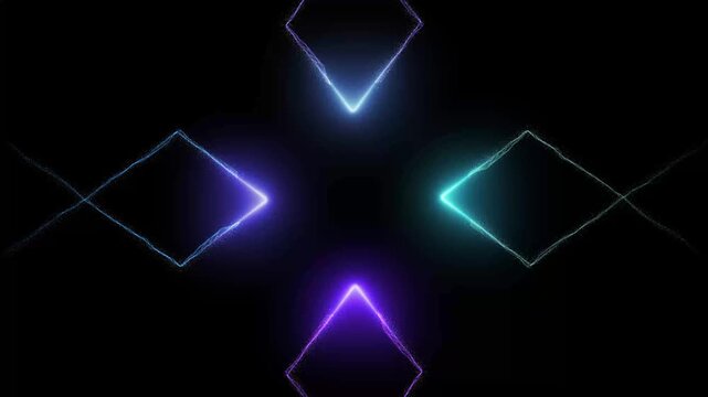 Four diamond shapes outlined in neon light on black. Minimalist four diamond shapes outlined in neon light for retro patterns. Modern four diamond shapes outlined in neon light.
