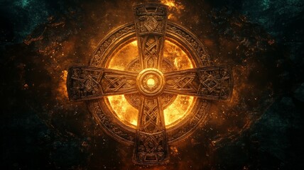 Obraz premium Intricate celtic cross on stone wall. AI generated