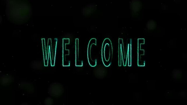 Cyan neon glow text WELCOME with floating particles. Friendly cyan neon glow text WELCOME for homepage video background greetings. Modern cyan neon glow text WELCOME badge.