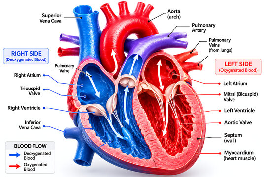 Detailed Anatomical Medical Diagram Explaining Human Heart Structures Chambers Valves Superior Vena Cava Aorta and Oxygenated versus Deoxygenated Blood Flow Direction Arrows