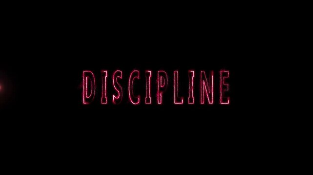 Neon pink text DISCIPLINE with particle trail on black. Motivational neon pink text DISCIPLINE for lifestyle habit improvement banners. Creative neon pink text DISCIPLINE typography.