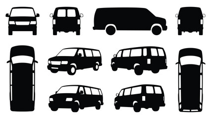 Minivan and Passenger Van Silhouette Set Multiple Views Front Side Top Rear Black Vector Icons © selena