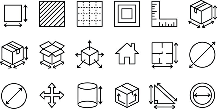 Set of size and dimension line icons, such as square, diagonal, grid, box, house, and more.