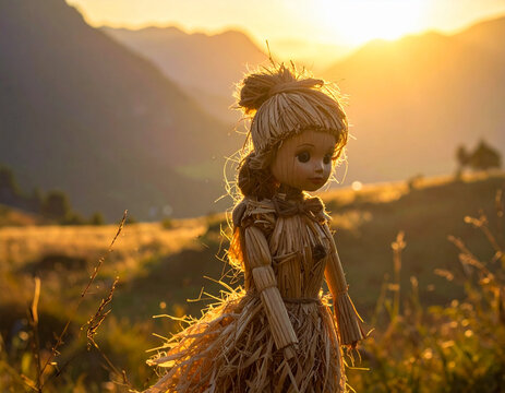 Straw doll in field during golden sunset hour