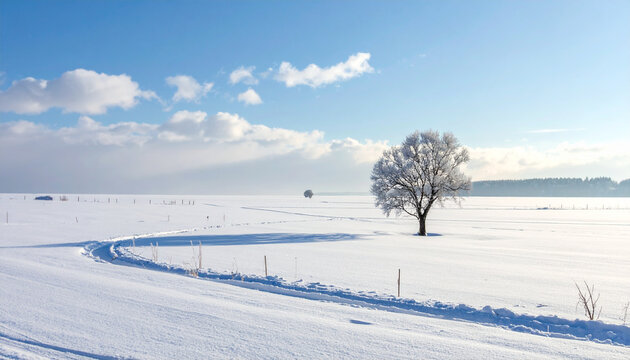 Snowy field with frosted tree on sunny day