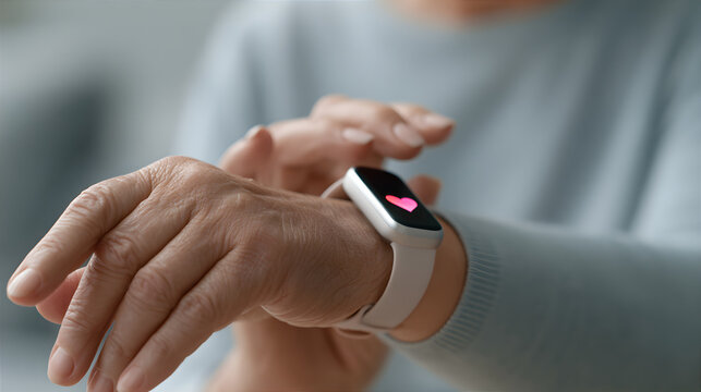Senior woman checking heart rate on smart watch. Elderly lady monitoring vitals on wrist tracker device. Digital health technology for seniors. Medical care, wellness and active lifestyle.