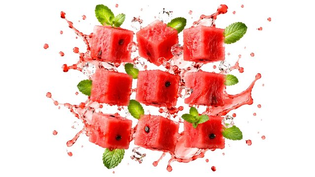 Geometric grid of fresh watermelon cubes exploding with juice splash ice and mint leaves isolated on white