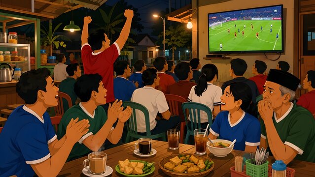World Cup 2026, Digital illustration of group of friends supporting their team watching soccer football match on tv at night street cafe