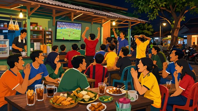World Cup 2026, Colorful flat illustration of indonesian community watching football live stream at angkringan street food stall and cheering for goal