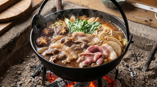 囲炉裏で煮込まれる熱々牡丹鍋、伝統的な日本の味覚