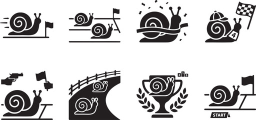 Funny racing snails speeding on track with finish flags © HM