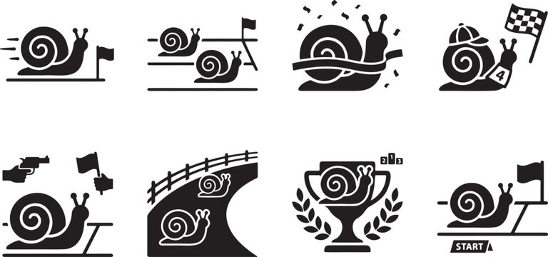 Funny racing snails speeding on track with finish flags