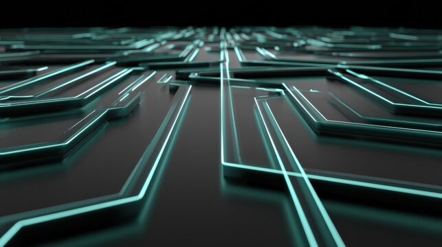 A digital twin of a supply chain network tests various routing scenarios with multiple glowing paths on a dark background.