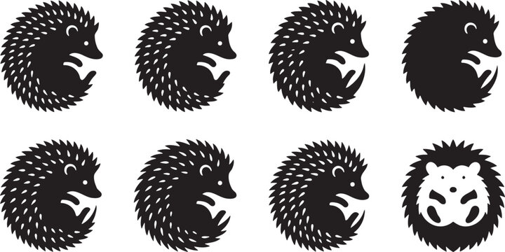 Cute spiky hedgehog silhouettes walking and curling up