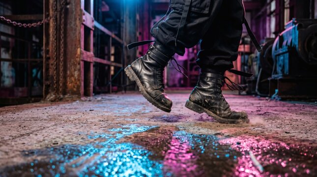 Industrial dancer in black chunky boots stomping on wet floor with neon lights