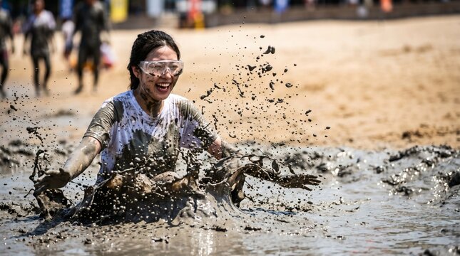 Excited Asian woman sliding in mud with big splash at Boryeong Mud Festival