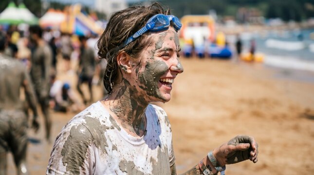 Happy woman with face covered in wet grey mud at Boryeong Mud Festival