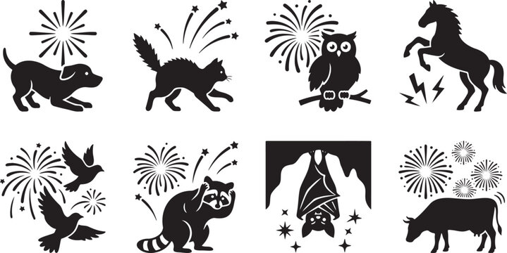 Startled domestic and wild animals reacting to fireworks