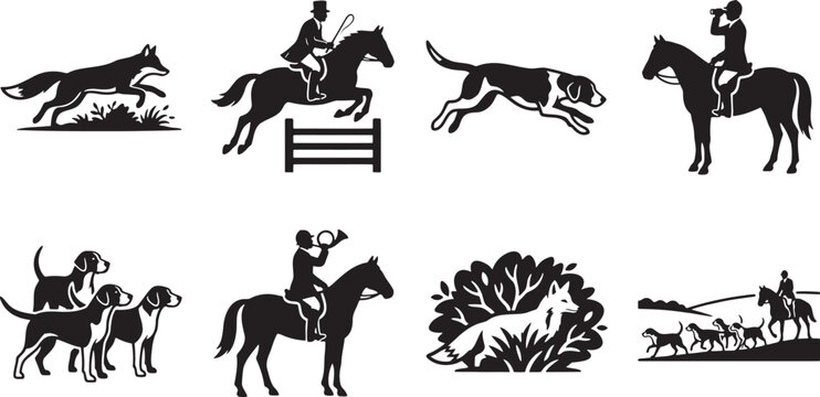 Traditional English fox hunting scenes and equestrian show jumping