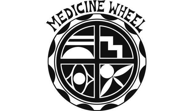 Very beautiful black-and-white engraved vector illustration featuring the MEDICINE WHEEL with balanced circular geometry and a decorative cultural label reading "MEDICINE WHEEL", isolated on white bac