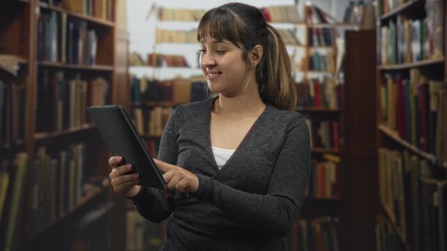 Young hispanic woman holding tablet and tapping screen with index finger while smiling and looking at the display in library; curiosity learning.