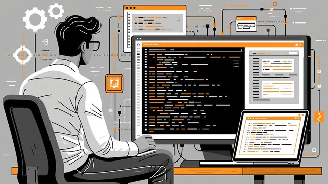 Software engineer working on complex computer code while sitting at a desk with multiple digital screens