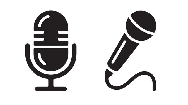 Professional microphone icons set, black podcast mic and handheld vocal microphone vector, recording studio equipment symbols for audio broadcast