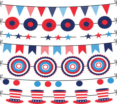 Patriotic USA Party Decorations Set, Independence Day Bunting Garland Vector Collection Design
