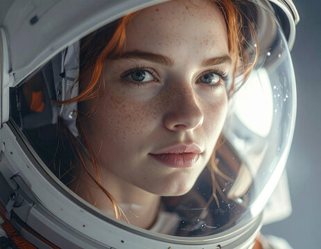 Portrait astronaut woman with freckles in helmet