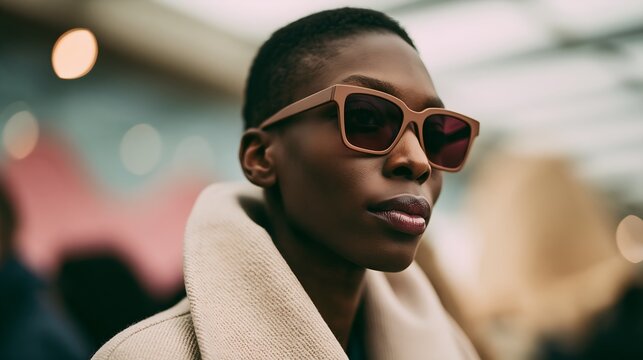 Close-up portrait of a stylish woman wearing oversized sunglasses