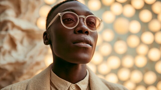 Close-up of a stylish young man with round glasses gazing upward