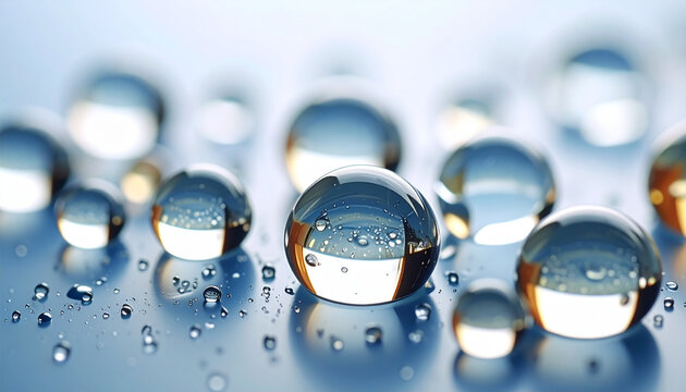 Water drops on blue surface with reflections