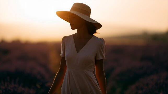 Silhouette of woman strolling through sunlit lavender field during golden hour