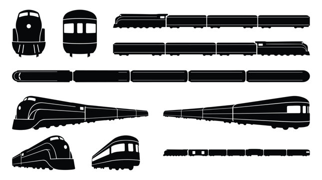 Passenger Train Composition Silhouette Set &mdash; Full Rail Formation Long Distance Vector Icons Isolated