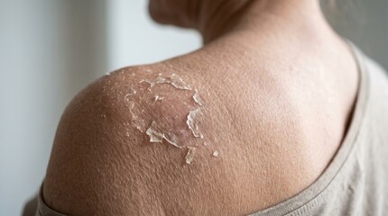 Naklejka premium Close-up of a person's shoulder with severe peeling skin, likely from a sunburn or dermatological condition.