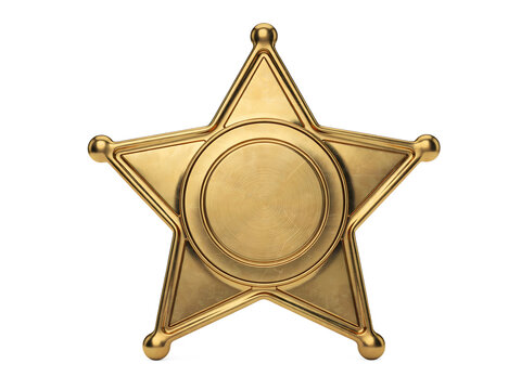Gold star sheriff badge with a blank circular center, isolated on a transparent background, 3d render.