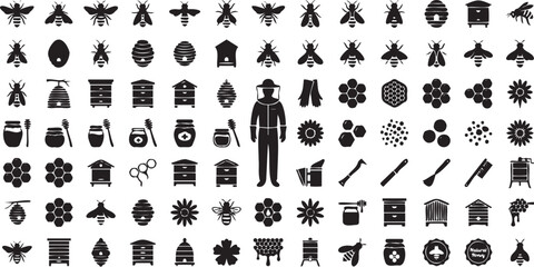 Detailed collection of black vector icons showing beekeeping equipment honey bees hives and flowers for professional apiary graphic design projects © Monivara Creations