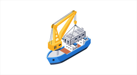Naklejka premium Crane loading modular building onto cargo ship for transport.