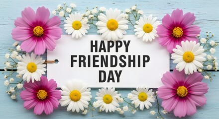 Obraz premium International friendship day floral arrangement daisies and cosmos on blue wood