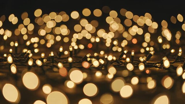 A close-up view of warm, glowing fairy lights creating a bokeh effect against a dark background. The lights are soft and inviting, perfect for festive decorations.