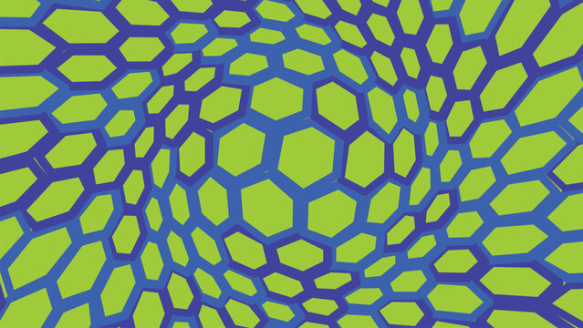 Abstract wavy blue hexagonal grid pattern on green background