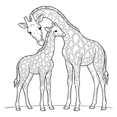 Fototapeta premium Giraffe, baby giraffe, black and white, line art, illustration, vector graphics, animal design, wildlife, safari, zoo