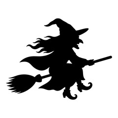 Fototapeta premium Black witch flying on broom silhouette isolated on transparent background, perfect for Halloween signs, spooky wall art, vinyl decals, and laser engraving
