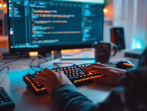 A programmer typing on a keyboard in a dimly lit room, with lines of code displayed on a computer monitor. The keyboard has illuminated keys, casting an orange glow on the programmer's hands