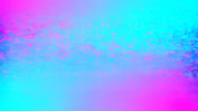 Static shot of abstract digital glitch animation showing pink and cyan pixel bands shifting across monitor screen in triptych electronic display