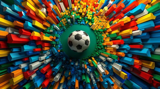 Soccer ball surrounded by vibrant flags symbolizing global unity in international sports celebration