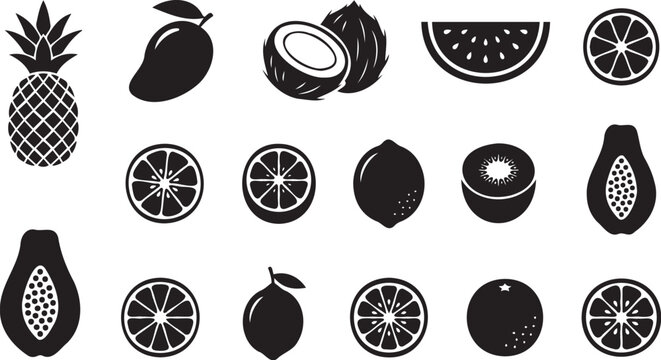 Tropical fruit collection featuring flat black vector graphic icons of pineapples mangoes coconuts watermelons citrus slices and exotic papaya shapes